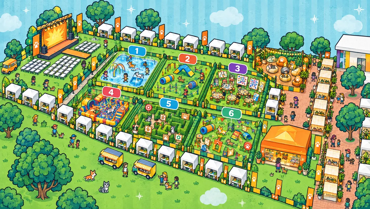 Mapa ilustrado de ROYI AL PARQUE en Verde Arena con seis zonas de experiencias, tarima, zona chill, tienda, market y food trucks